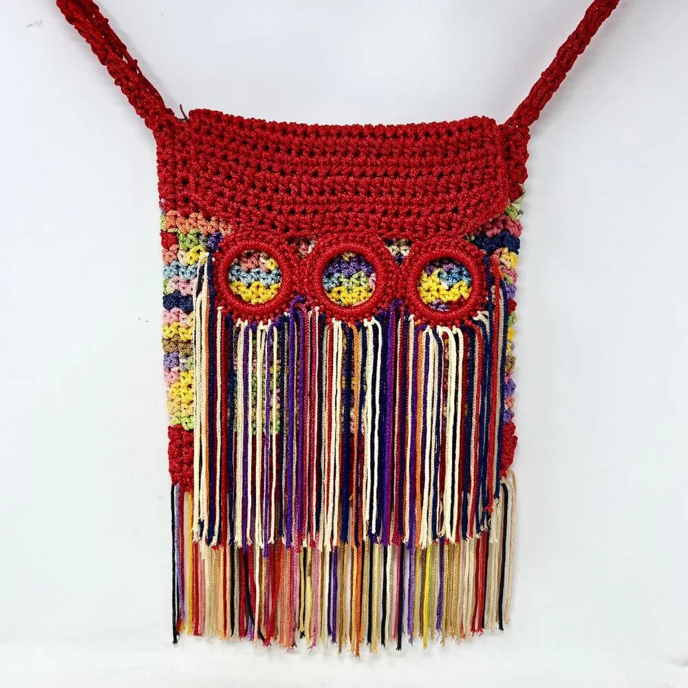 Crochet Shoulder Bag Handmade Boho Hippie Rainbow Fringe - Read‎ - Rough Fibers